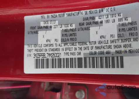 2021 Mazda Mazda3 Select из США, поврежденный, VIN 3MZBPBBL7MM250021